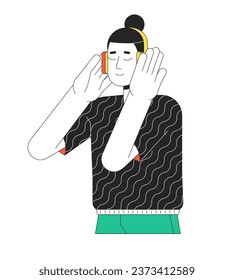 Chilling headphones asian man top knot 2D linear cartoon character. Korean guy listening to music beats isolated line vector person white background. Music lover color flat spot illustration