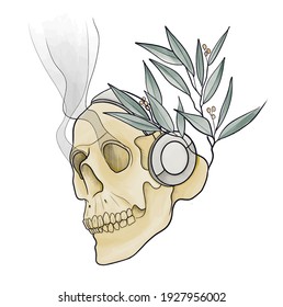 Calavera humana escalofriante con auriculares y humo que sale de los pozos. 