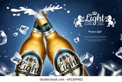 Chilling light beer ads, premium beer in glass bottles with falling ice cubes in 3d illustration