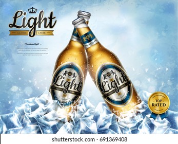 Chilling light beer ads, premium beer in glass bottles in bunch ice cubes in 3d illustration