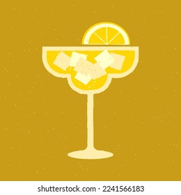 Margarita escalofriante con cubos de hielo. Bebida alcohólica con limón. Ilustración plana vectorial con textura. Afiche de barra minimalista simple y brillante