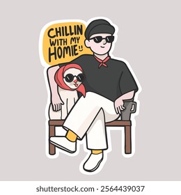 Chilling with my homie, a guy and cat getting along Sticker Vector Cute Illustration