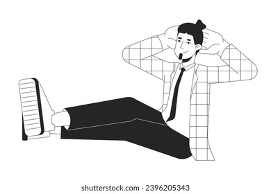 Chilling relaxing caucasian office guy black and white 2D line cartoon character. Bearded man putting legs up isolated vector outline person. Corporate wellbeing monochromatic flat spot illustration
