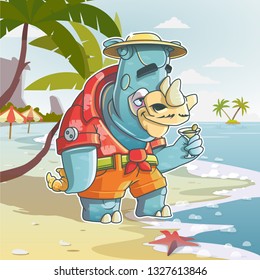 Chilling seaside rhino vector illustration eps10