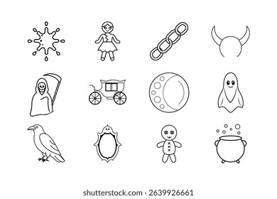 A chilling set featuring blood splatter broken dolls grim reapers devil horns haunted carriages voodoo magic and moonlit phantoms perfect for horror designs Vector Line Art on white background.