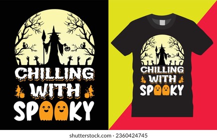 

Chilling with spooky happy Halloween retro vintage graphic vector t-shirt template design.cute cat horror house  Scary Ghost  season typography  background isolated illustration print for ready