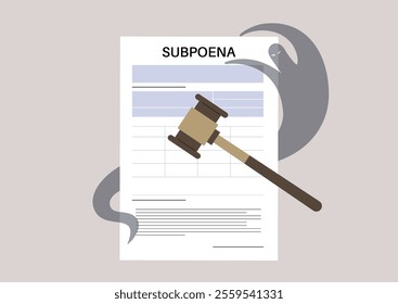 
A chilling subpoena and gavel casts an unsettling shadow over the gravity of the legal world, A ghost looms in the background, its presence eerie, suffusing the courtroom with an air of dread