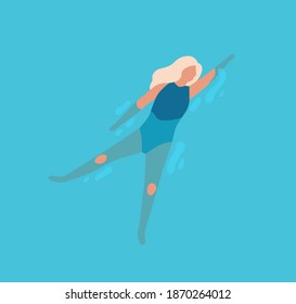 Chilling young woman in swim on the back in the sea water. Scene of summer vacation or recreation in swimming pool. Flat vector cartoon illustration of faceless female swimmer