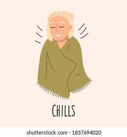 Chills 2019-nCoV covid-19 symptoms. Sick young infected woman. Vector hand drawn illustration. 