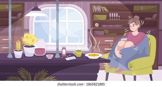 Chills colds flat composition with living room interior home scenery and sick woman shivering with fever vector illustration