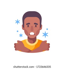 Chills flat illustration. African American man feeling cold and shivering