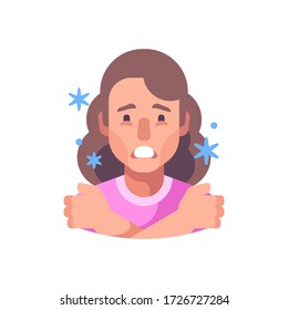 Chills flat illustration. Woman feeling cold and shivering