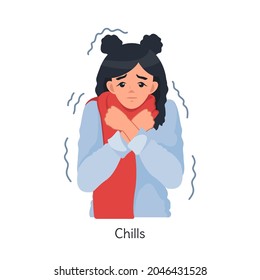 Chills. A Girl In A Warm Scarf Is Trying To Keep Warm. This Woman Is Sick. Chills Due To Coronavirus Or Flu. Colds, Viral Diseases. Isolated Vector Illustration On A White Background