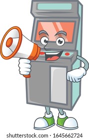 A chilly cartoon character of arcade game machine with a megaphone