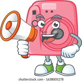 A chilly cartoon character of instan camera with a megaphone