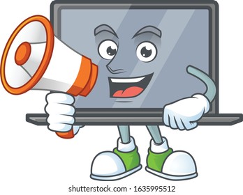 A chilly cartoon character of monitor with a megaphone