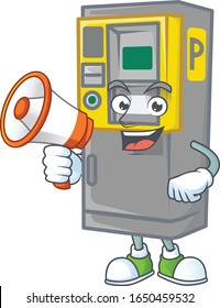 A chilly cartoon character of parking ticket machine with a megaphone