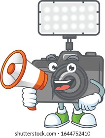 A chilly cartoon character of photo camera with lighting with a megaphone