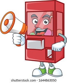 A chilly cartoon character of toy claw machine with a megaphone