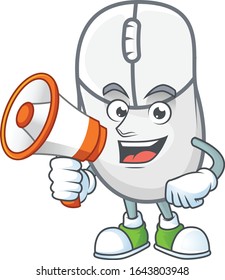 A chilly cartoon character of white mouse with a megaphone