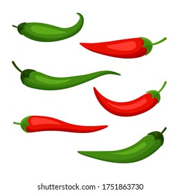 Chilly pepper set isolated on white background. Hot spicy red and green chili peppers. Cartoon mexican chilli in a trendy flat style.