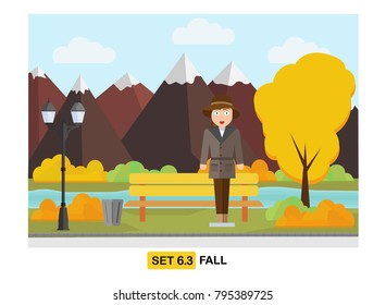 Chilly weather on a fall day flat vector illustration. Woman in coat stays on the street with mountains, tree, bench, street light, sun. Autumn season concept