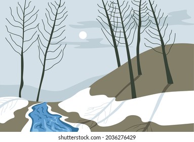 Chilly winter or early spring view of flowing river in evening or night with full moon. Landscape with melting snow and water, trees and hills or mountains. Rural scene view. Vector in flat style