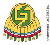 Chimalli, Aztec shield with feathers, and stepped fret pattern. Xicalcoliuhqui, meander motif composed of steps connected to a spiral. Traditional defensive armament of indigenous Mesoamerican states.