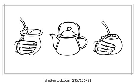 Chimarrao - Traditional mate tea set. Vector ink hand drawn sketch style illustration - Yerba, erva