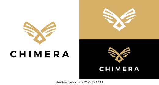 Chimera eagle logo icon design, Simple modern flying eagle, Eagle with flying wings style, Hawk logo with wings open style, Minimalist concept symbol golden eagle vector design inspiration.