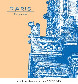 Chimera, gargoyle. Exterior facade of gothic cathedral. Paris, France. Vector illustration in engraving style. Beige and blue colors.
The view from the public square.