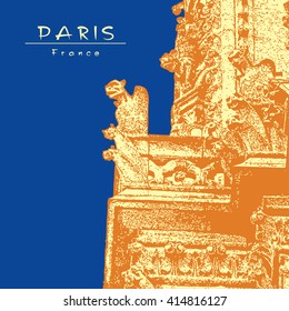 Chimera, gargoyle. Exterior facade of gothic cathedral. Paris, France. Vector engraved Image.
EPS 10. Easy editable image. Result of Auto-Trace. The view from the public square.
