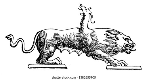 Chimera era un monstruo de la mitología griega. Tenía cabeza de león, espalda de cabra y relato de serpiente, dibujo vintage de línea o ilustración grabadora.