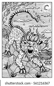 Chimera. Mythological monster with lion head, goat body and snake tail. Fantasy magic creatures collection. Hand drawn vector illustration. Engraved line art drawing, graphic mythical doodle