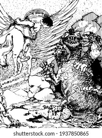 The Chimera, this scene shows a horse rider with sword and an animal fallen down on ground, vintage line drawing or engraving illustration