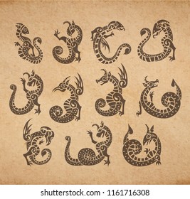Chimeras ancient medieval set gargoyles vector collection on old parchment vintage illustration