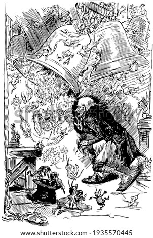 The Chimes, this scene shows an old man with two bells, he raises hand to ring bell, small cartoons inside bell and over bell, his hat fallen on ground, cartoons looking into hat, vintage line drawing