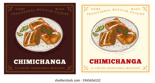 Chimichanga Illustration, a traditional Mexican dish made of a deep-fried burrito, tortilla with rice, cheese, beans, meat. svg