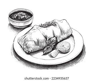 Chimichanga meat roll hand drawn sketch Asian food Restaurant business concept. svg