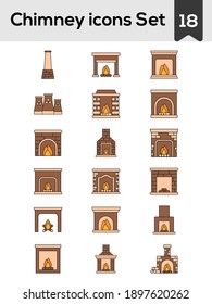 Chimney And Fireplace Icon Set In Flat Style.