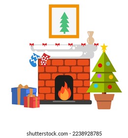 A chimney hanging above him stockings with a Christmas tree and presents. isolated vector graphic.
