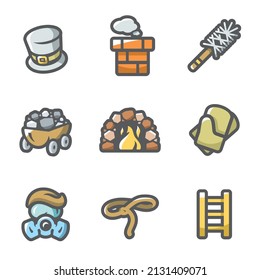 Chimney and heating coal icons set. Vector Illustration.