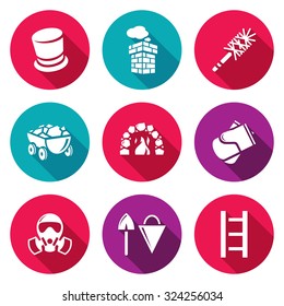 Chimney and heating coal icons set. Vector Illustration.