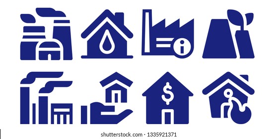 chimney icon set. 8 filled chimney icons.  Collection Of - Factory, Nuclear plant, House