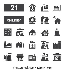 chimney icon set. Collection of 21 filled chimney icons included Fireplace, Factory, House, Nuclear plant, Houses, Chimney, Burner, Mansion
