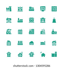 chimney icon set. Collection of 25 filled chimney icons included Factory, House, Mansion, Chimney, Nuclear plant, Fireplace, Burner