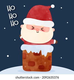 Chimney Santa calus cartoon and Christmas, X mas vector. Happy new year greeting card 2022. Kawaii character girly doodle. Illustration Perfect make a wish for holiday, party, card, pattern, nursery.