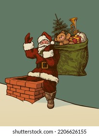 Chimenea Santa. Papá Noel está listo para saltar en la chimenea con un saco lleno de regalos - oso de peluche y trompeta. Ilustración vintage de carácter navideño aislada.