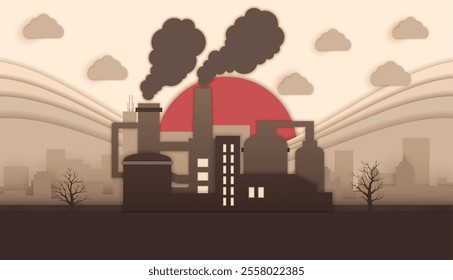 Chimney smoke, paper cut factory pollution, environment paper cut banner. Vector 3d power plant building of energy, oil and chemical industry, factory pipes, chimney and black clouds of polluted smoke