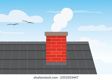 chimney smoke and roof; house heating, air pollution, carbon dioxide concept- vector illustration